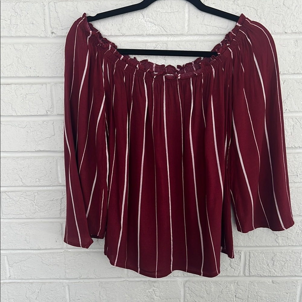 Red Ruffled 3/4 Sleeve Blouse with Smocked Details